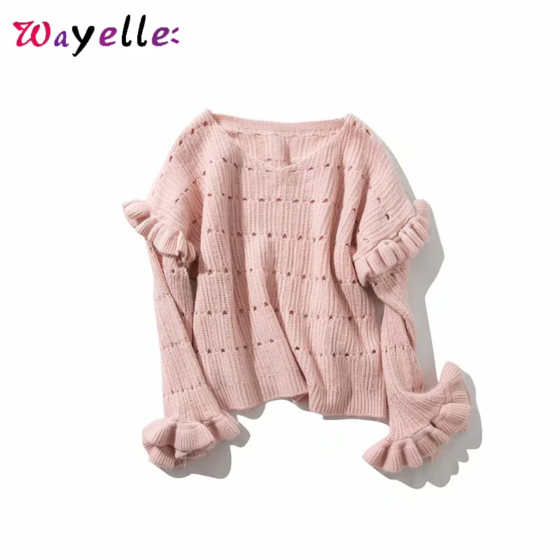 

Sweaters Fashion 2019 Women Sweet Korean Lace Ruffles Sweaters Women Decorate Hole V-Neck Knitted Slim Chic Womens Blouses