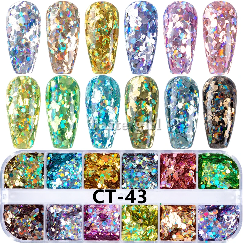 12 цветов/набор Алюминиевый неправильный голографический Блестящий Порошок для ногтей красочные хлопья маникюрные ногти блестки зеркальные блестки