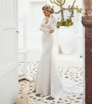 

Gorgeous Sexy Deep V-neck Lace Mermaid Wedding Dresses With Long Sleeves Robe de Mariee Backless Vintage Bridal Gowns Custom