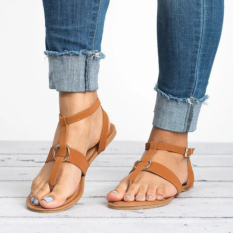 

2019 new flat with metal buckle solid color toe casual summer ladies sandals DP0372