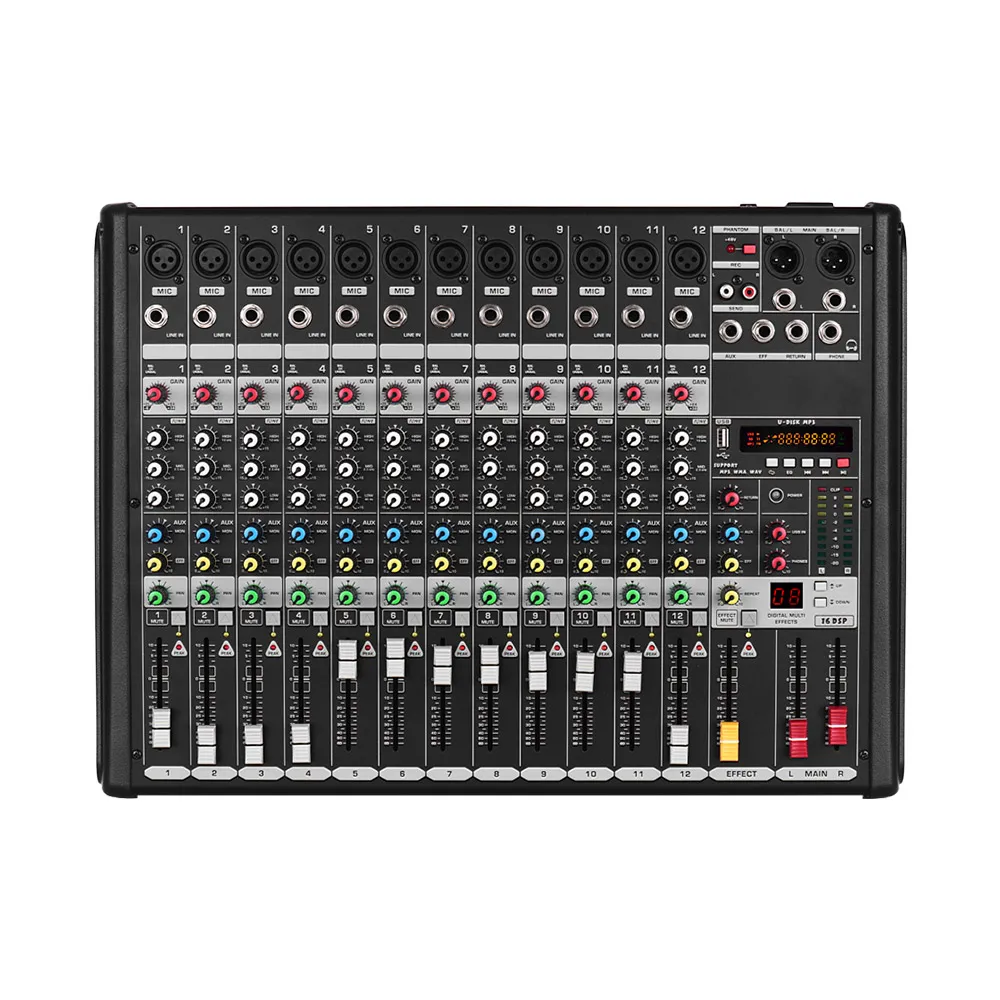 

12-Channel Mixer Mixing Console 16 DSP Effects with XLR Mic Interface and 6.35mm LINE Interface Electric Music Accessories