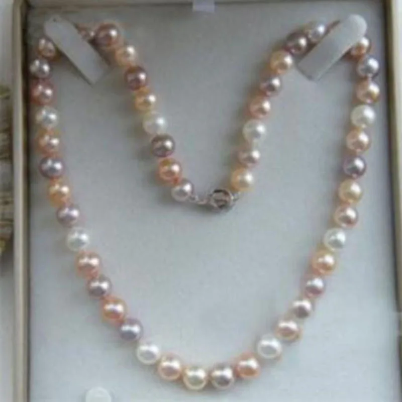 

18" 9-10MM AKOYA NATURAL WHITE PINK PURPLE PEARL NECKLACE 925silver