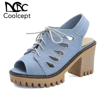 

Coolcept Non-Slip Women Sandals Ethnic Style Peep-Toe Shoes Women Square Heel Cross-Tied Solid Color Casual Zapatos Size 34-43