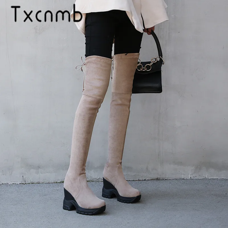 

TXCNMB Sexy Over The Knee High Boots Woman Suede Leather High Heels Platform Women Boots Autumn Winter Black Party Shoes Woman