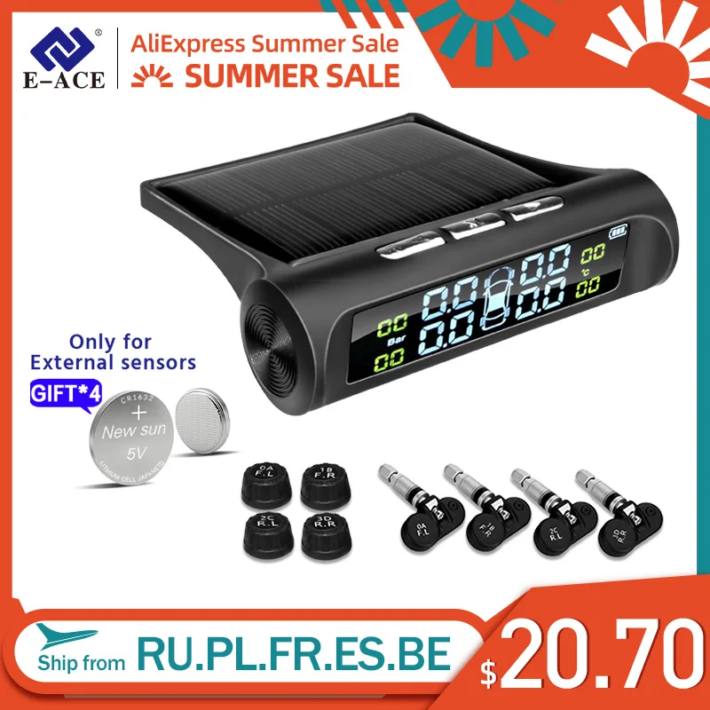 

E-ACE Solar Power TPMS Car Tire Pressure Alarm Monitor System Auto Security Alarm Systems Tyre Pressure Temperature Warning