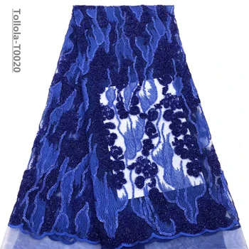 

Royal Blue Sequins Lace Fabric 2019 High Quality Mesh Embroidery Applique 3D Flower Tulle Nigerian Lace Fabrics For Bridal