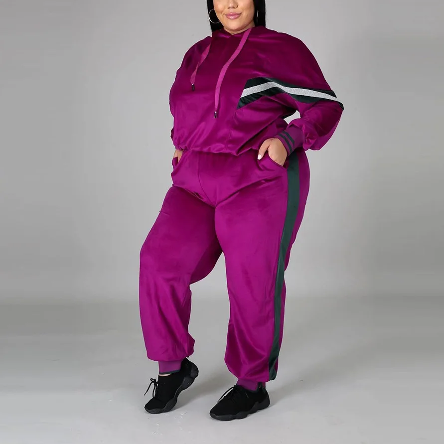 

Women Fall 2020 Two Pieces Set Matching Sets Hooded Jacket Coats Long Pants Plain Causal Daily Wear Cloth Sets Big Size 4xl 5xl