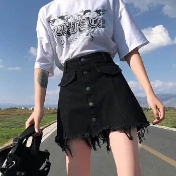 

Denim Skirt Women Summer Black Skirt Jeans Harajuku Ladies A-line Jeans short Skirt Button High Waist Denim Pockets Skirt 2020