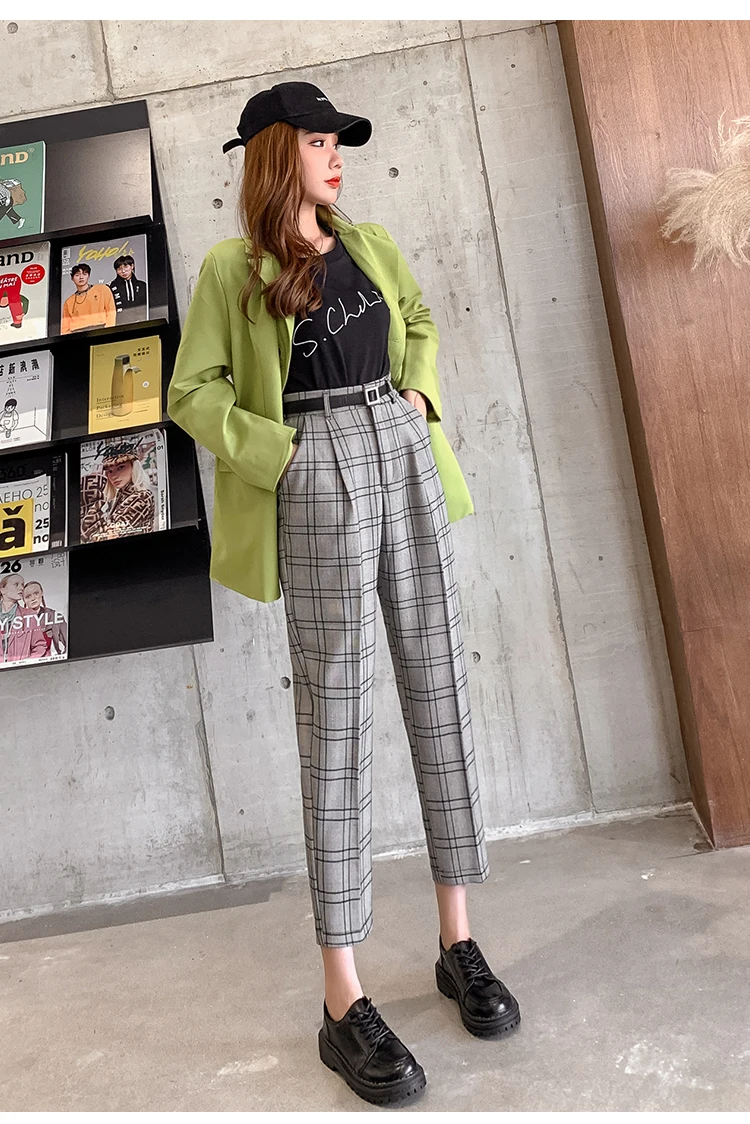 JUJULAND Stretchy Plaid Pencil Pants Women Casual Autumn Women Trousers Elastic Waist Tweed Slant Elegant 7232