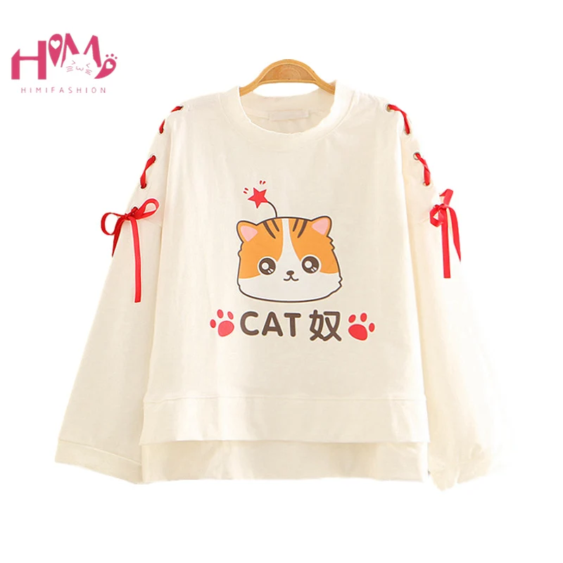 

Толстовка женская укороченная с длинным рукавом и изображением кошки, белая