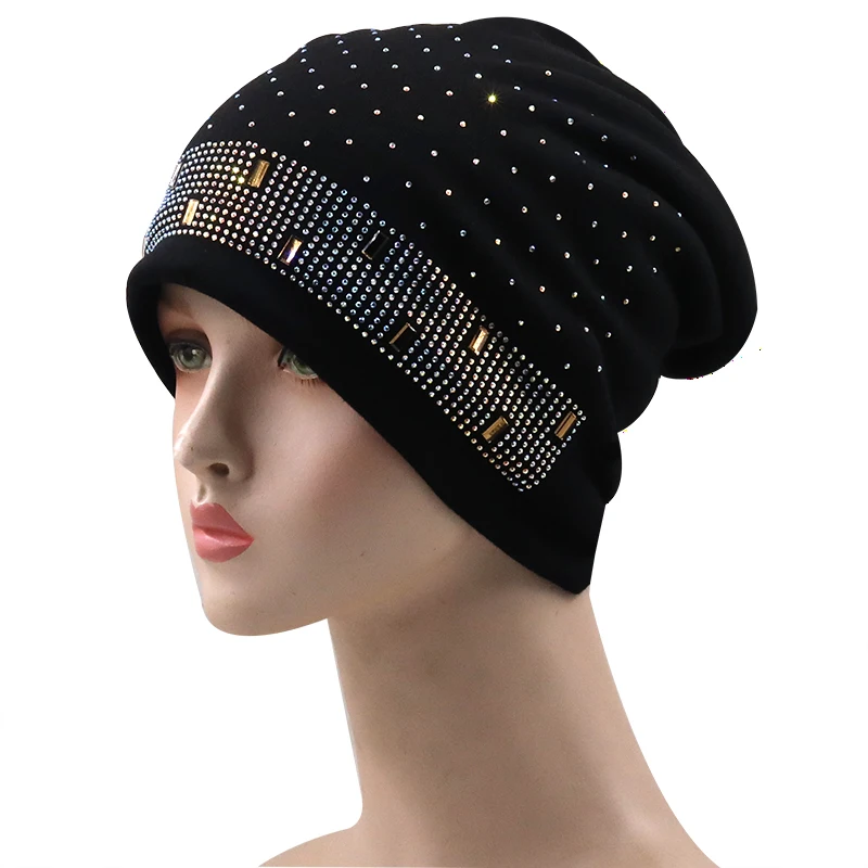 

Fashion Winter Thick Warm Brimless Warm Turban Cap Women's Rhinestones Slouchy Beanie Hat for Girl Female Skull Beanies Caps