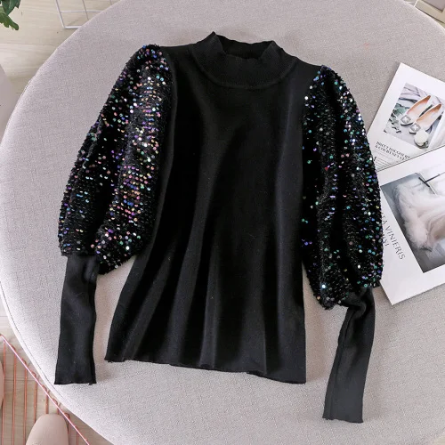 black pullover Woherb, Осень-зима, новинка, с блестками, лоскутные пуловеры, половина, водолазка, длинный рукав-фонарик, тонкий свитер для женщин, Ретро стиль, мода 91446 - Цвет: black pullover