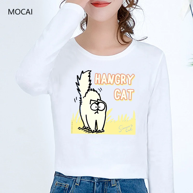 

Cute White Simons Cat Cartoon Print women's Long sleeve T-shirt for Fall 2020 Kawaii Cat Fashion Couples casual Street T-shirt