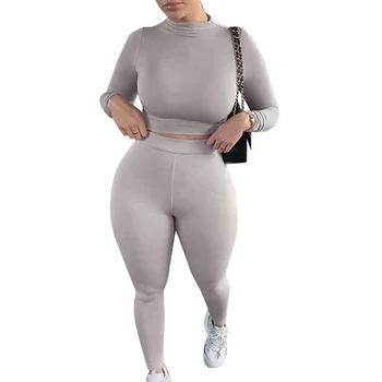 

2pcs Set Solid Color Fitness Women Tractsuits Sexy Skinny O-Neck Long Sleeve Crop Tops High Waist Pencil Pants Gym Sport Suits