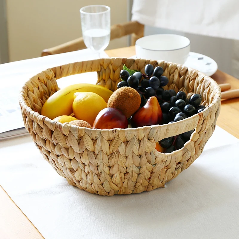 Natural Straw-Weaved Disk Fruit Storage Basket Snack Melon Seed Tray Table Sundry Basket Fruit Basket Desktop Storage Tray