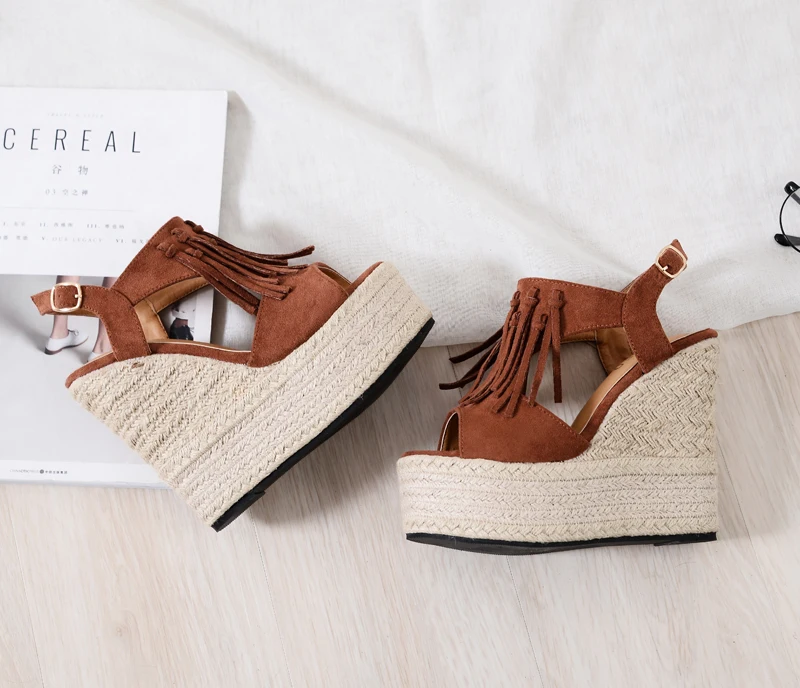 new ultra high heel wedge sandals waterproof platform muffin thick bottom Roman tassel women's sandals small size shoes 32