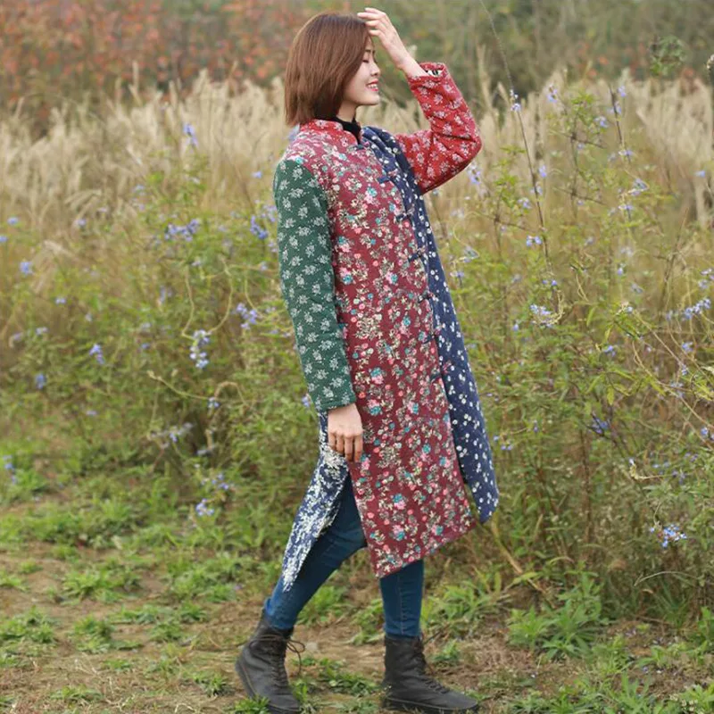 

Zhi pai Winter New Style Ethnic-Style WOMEN'S Dress Frog Cotton Linen Service Women's Brushed And Thick Coat Cotton-padded Cloth