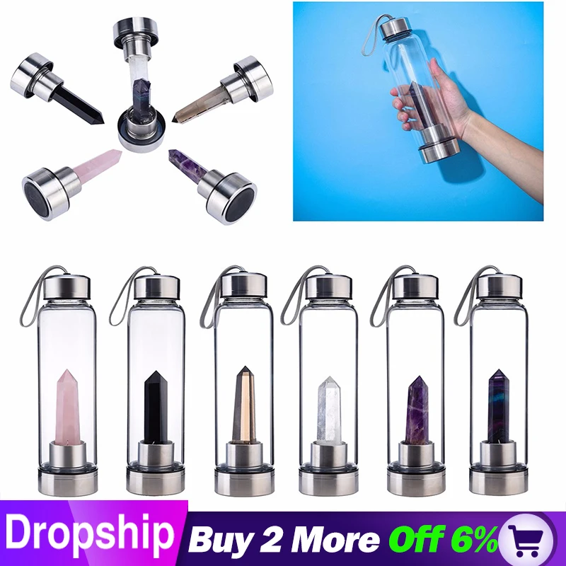 

hot Drop Shipping Natural Crystal Point Healing Obelisk Wand Elixir Quartz Crystal Water Bottle Tools Gemstone Gift Travel cup