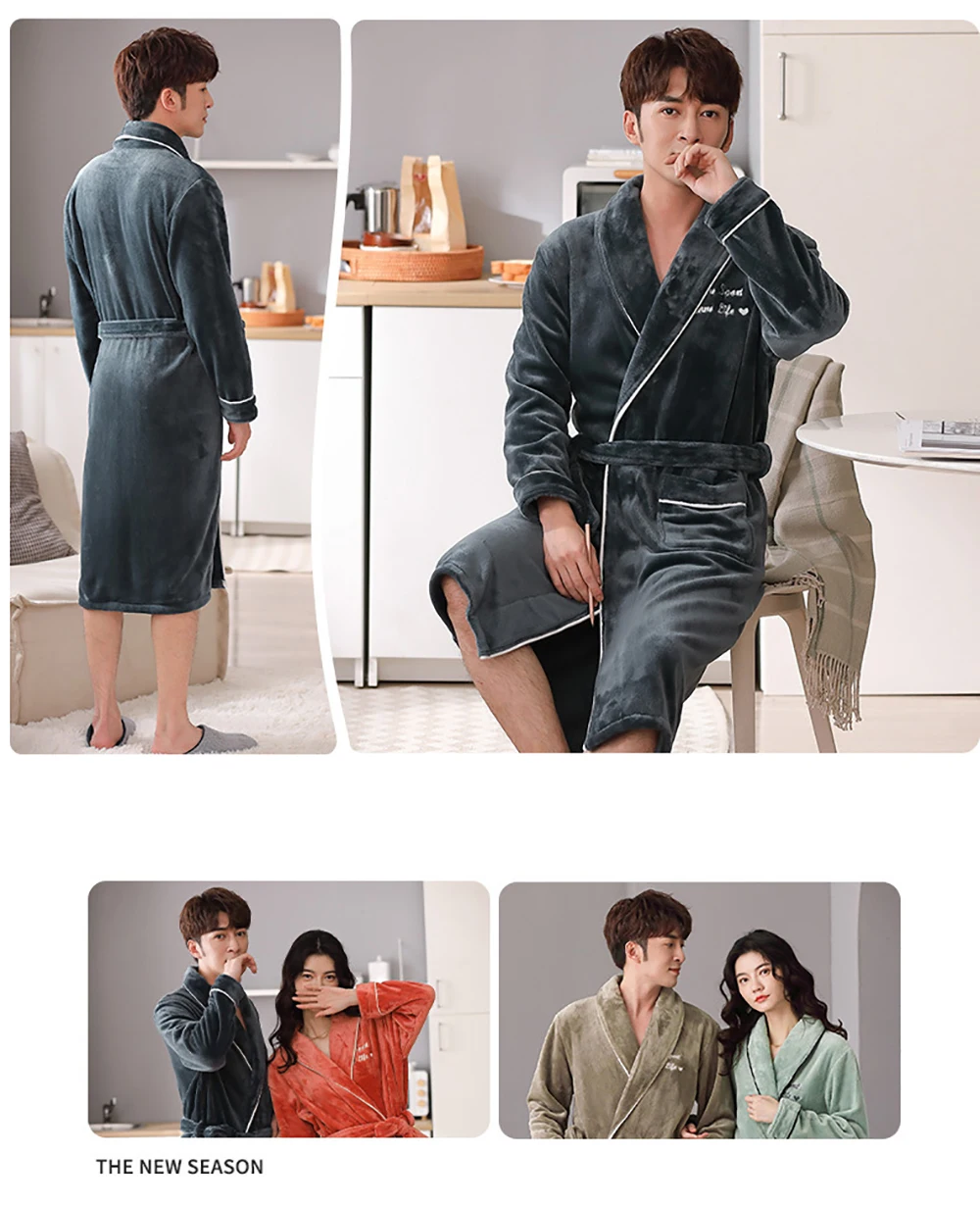 Winter Mens Long Robe Warm Thick Bathrobe Night Dresses Man Coral Fleece Kimono Pajama High-end Letter Embroidery Bath Robes mens fleece pajama pants