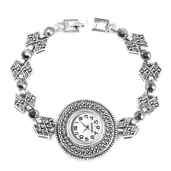 

Montre Femme New Ladies Vintage Quartz Wrist Watches Dress Watch Women Black Crystal Bracelet Watches Antique Silver Clock Women