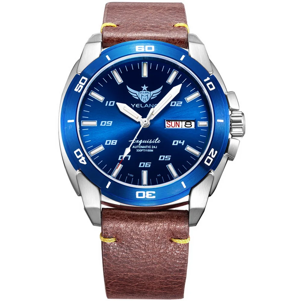 leather blue dial Мужские T100 тритиевые наручные часы, мужские часы для дайвинга Yelang автоматические meachnical H3 наручные часы водонепроницаемые мужские спортивные часы reloj hombre V1020 - Цвет: leather blue dial