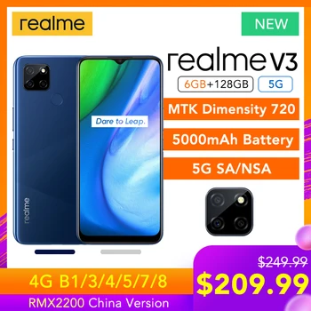 Перейти на Алиэкспресс и купить Realme V3 5G 6 ГБ ОЗУ 128 Гб ПЗУ Helio Dimensity 720 5000 мАч батарея 18 Вт Быстрая зарядка 6,5 дюймдисплей 13 МП камера Многоязычная