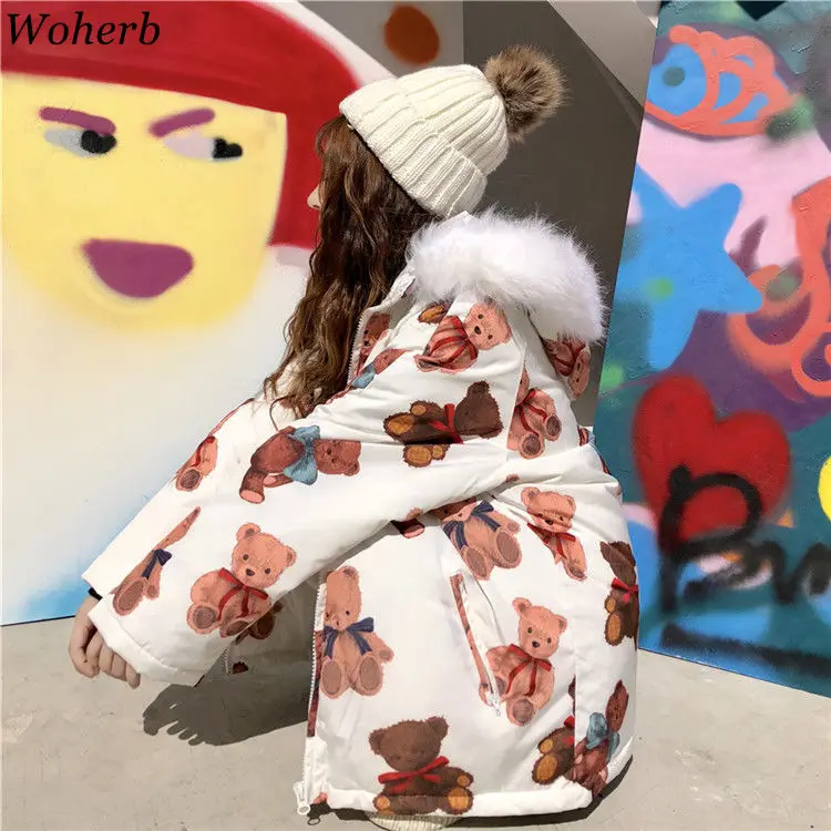 Woherb зимняя милая куртка женская парка с мультяшным принтом Harajuku Kawaii стеганое