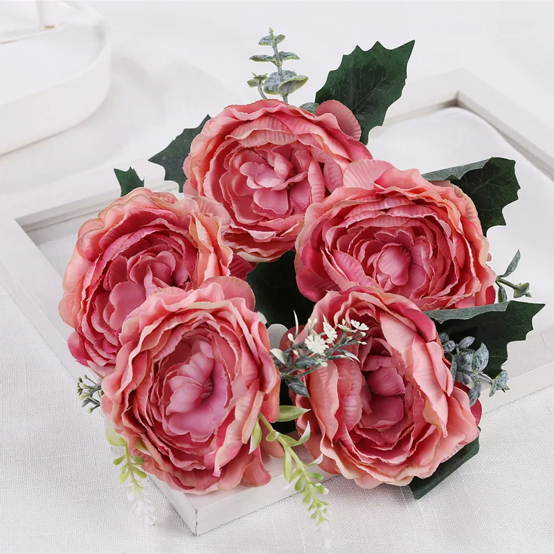 Peach pink YOOROMER, 5 искусственных цветов, пион, свадебное оформление букета, искусственный цветок, украшение дома, Шелковый цветок для свадебной вечеринки - Цвет: Peach pink