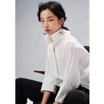 

Blogger Celebrity Style Relaxed Casual Profile White Shirt Commuting Versatile V-neck Stand