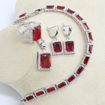 

Women Costume Red Zirconia Bridal Jewelry Sets Wedding Silver Color Jewellery Pendant Bracelet Rings Earring Necklace Set