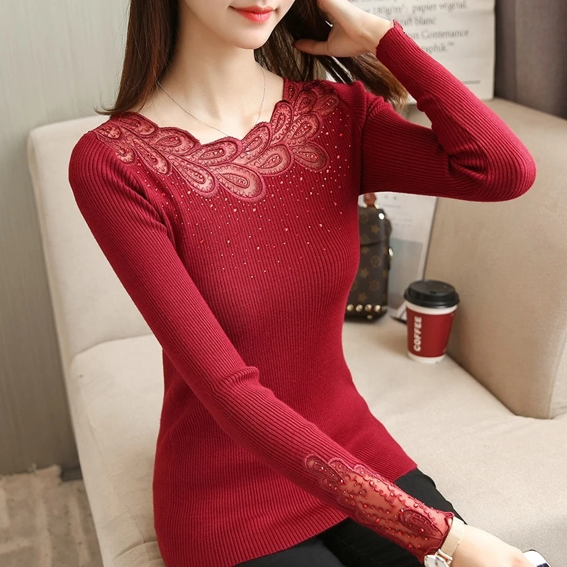 2020 Spring Ladies Knitted Shirt Long-sleeved Women Sweater Korean Style Slim Sexy Patchwork Embroidery Lace Pullovers Sweater 2020 Spring Ladies Knitted Shirt Long-sleeved Women Sweater Korean Style Slim Sexy Patchwork Embroidery Lace Pullovers Sweater
