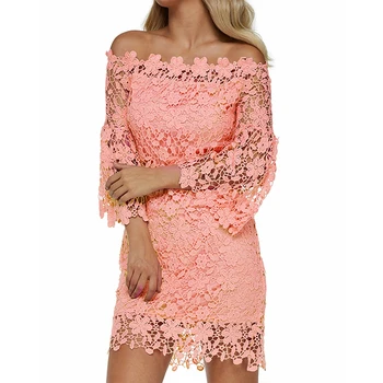 

Slash Neck Flare Sleeve Party Dresses Elegant Vestido Women Mini Dress Hollow Out Lace Summer Sexy Patchwork Solid Off Shoulder