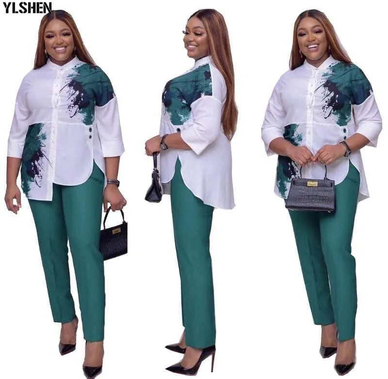 African Women Sets Print Long Sleeve Blazer T-shirt Pants Suits Office Lady Elegant 2 Piece Set Business Outfits Africa Clothing 07
