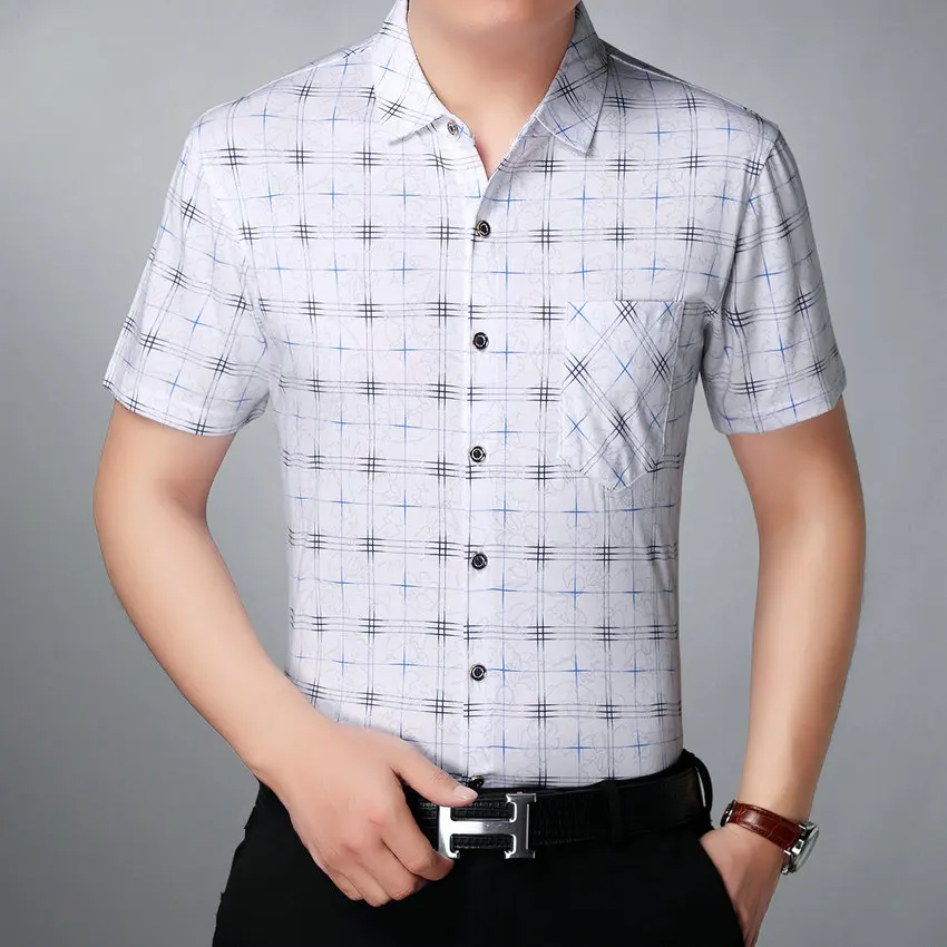 

Man Smart Casual White Shirt Blue Red Plaid Pattern Cotton Tops Men Turn Down Collar Short Sleeve Comfort Basic Shirts 2020 New