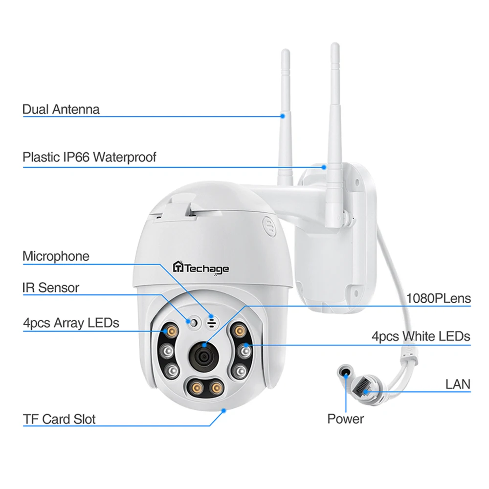 Techage 1080P HD H.265 Водонепроницаемая WiFi камера с оповещением о движении двойная