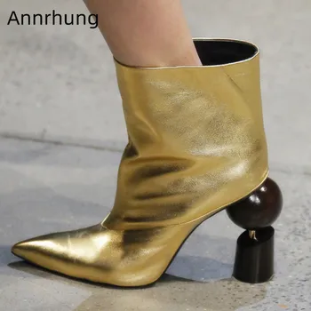 

Asymmetrical Building Block Heel Ankle Boots Women Pointed Toes Strange Geometry High Heels Patchwork Catwalk Short Botas Mujer