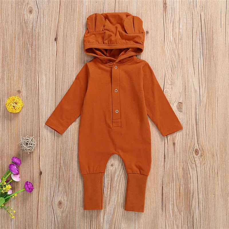 

Autumn Winter Infant Baby Girls Boys Jumpsuits Warm Solid 3D Ears Hooded Rompers Long Sleeve Button Rompers Baby Cotton Rompers