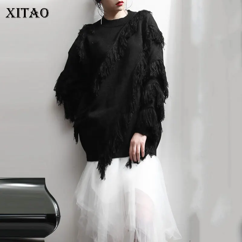 

XITAO Irregular Tassel Black Sweater Full Sleeve Pullover Small Fresh Spring Elegant O Neck Patchwork Casual Sweater ZLL4624