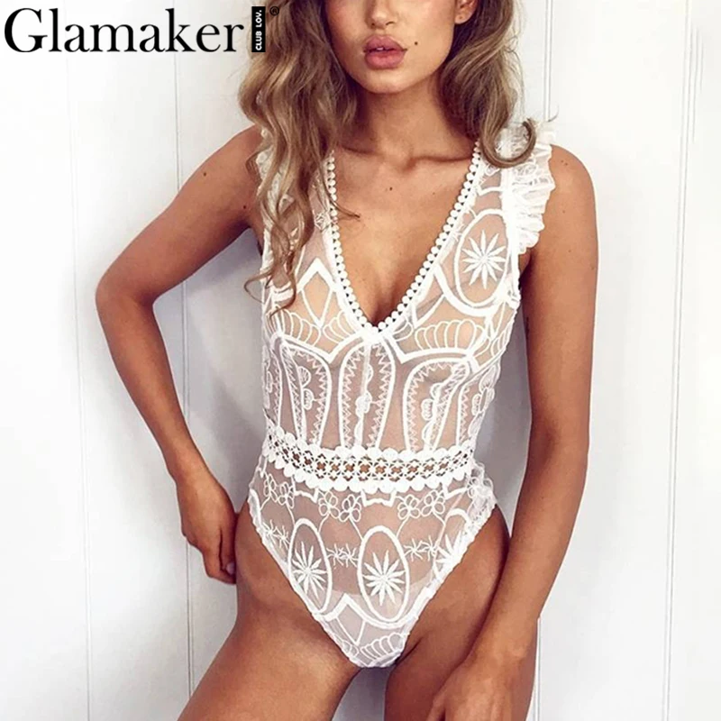 Женский кружевной комбинезон Glamaker прозрачный из сетки с v образным вырезом