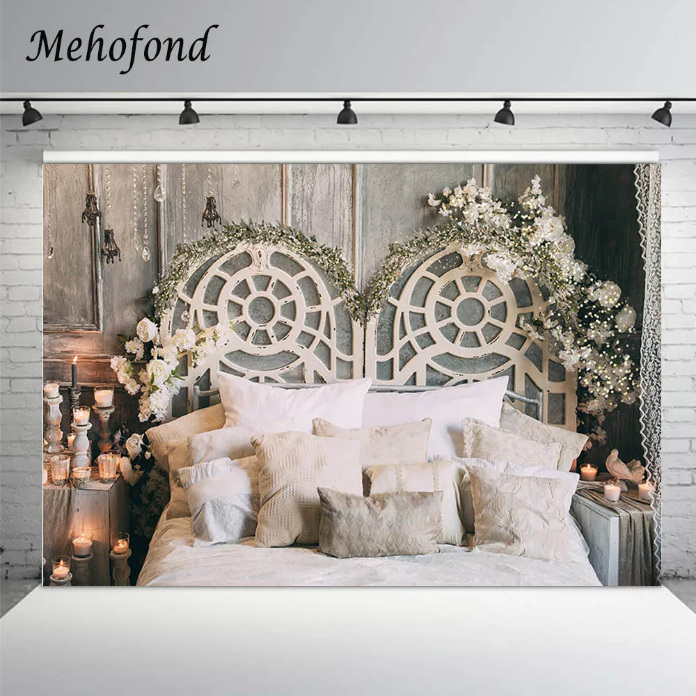 

Mehofond Christmas White Bed Backdrop Pillow Floral Headboard Wood Wall Candle Background Family Portrait Photography Decoration