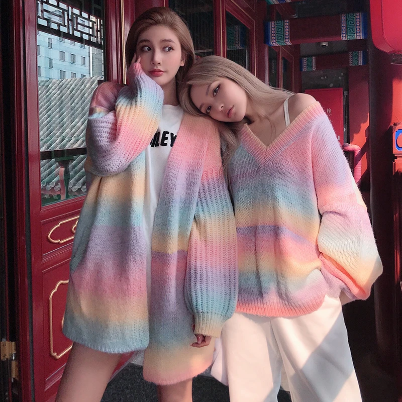 long cardigan Japanese Kawaii Lolita Rainbow Sweater Women Sweet Korean Chic Full Sleeve Knitted Sweater Female Cute Knitting Sweater Coat 202 black cardigan