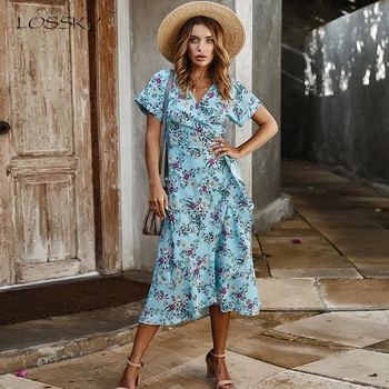 

Long Dress Summer Women Casual Floral Ruffle Dresses Lace-Up Cardigan New Arrival 2020 Flower Fitted Midi Clothes Red For Women