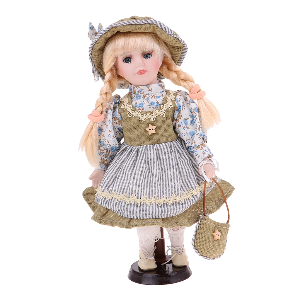 30cm Porcelain Doll Victorian Girl Standing Figures with Wooden Stand Kids Adult Collections