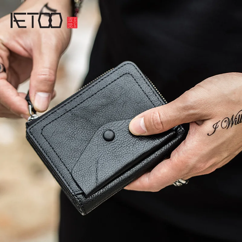AETOO винтажный кошелек, мужской и женский Вертикальный кожаный кошелек, кожаный многофункциональный карман на молнии, трендовые Короткие