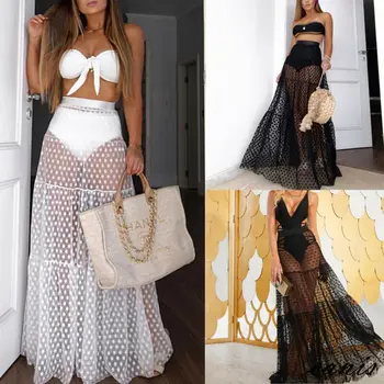 

2020 Summer Feminino Women Bikini Cover Up Mesh Sheer Transparent Mini Wrap Skirt Tulle See Through Sarong Beach Skirt