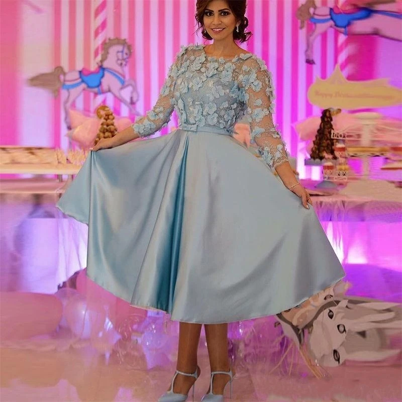 

2020 New Cheap Arabic Sky Blue Short Prom Dresses Lace 3D Appliques Tea Length Long Sleeves Party Dress Formal Evening Gowns