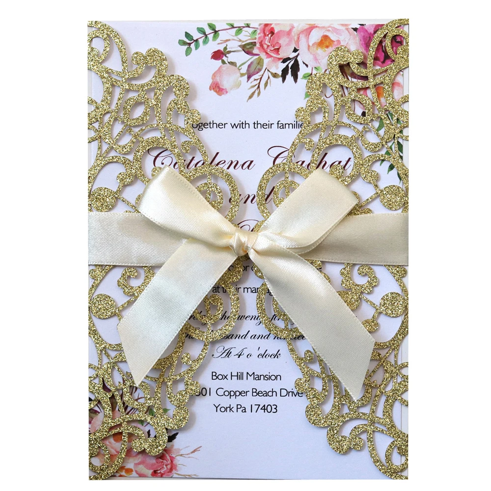100pcs Glitter Laser Cut Wedding Invitation Cards with Ribbon and Envelopes for Engagement Bridal Shower Birthday Party
