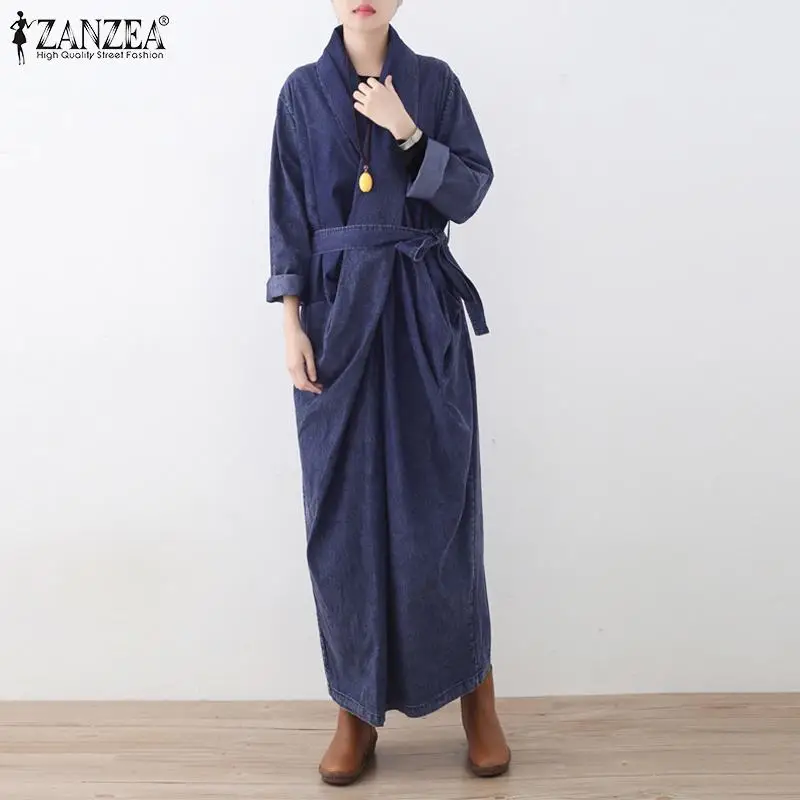 ZANZEA Осенняя женская джинсовая Длинное Макси платье с длинным рукавом vestidos с поясом элегантный женский сарафан Хлопковое платье с разрезом Femme