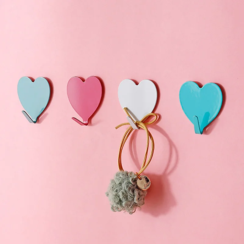 Stick On Solid Color Heart Hook Strong Self Adhesive Sticky Coat Hat Metal Hanger Home Bathroom Kitchen Stainless Steel Holder self adhesive hook supermarket convenience store advertising poster hanging hook shelf ceiling hanger sticky disc