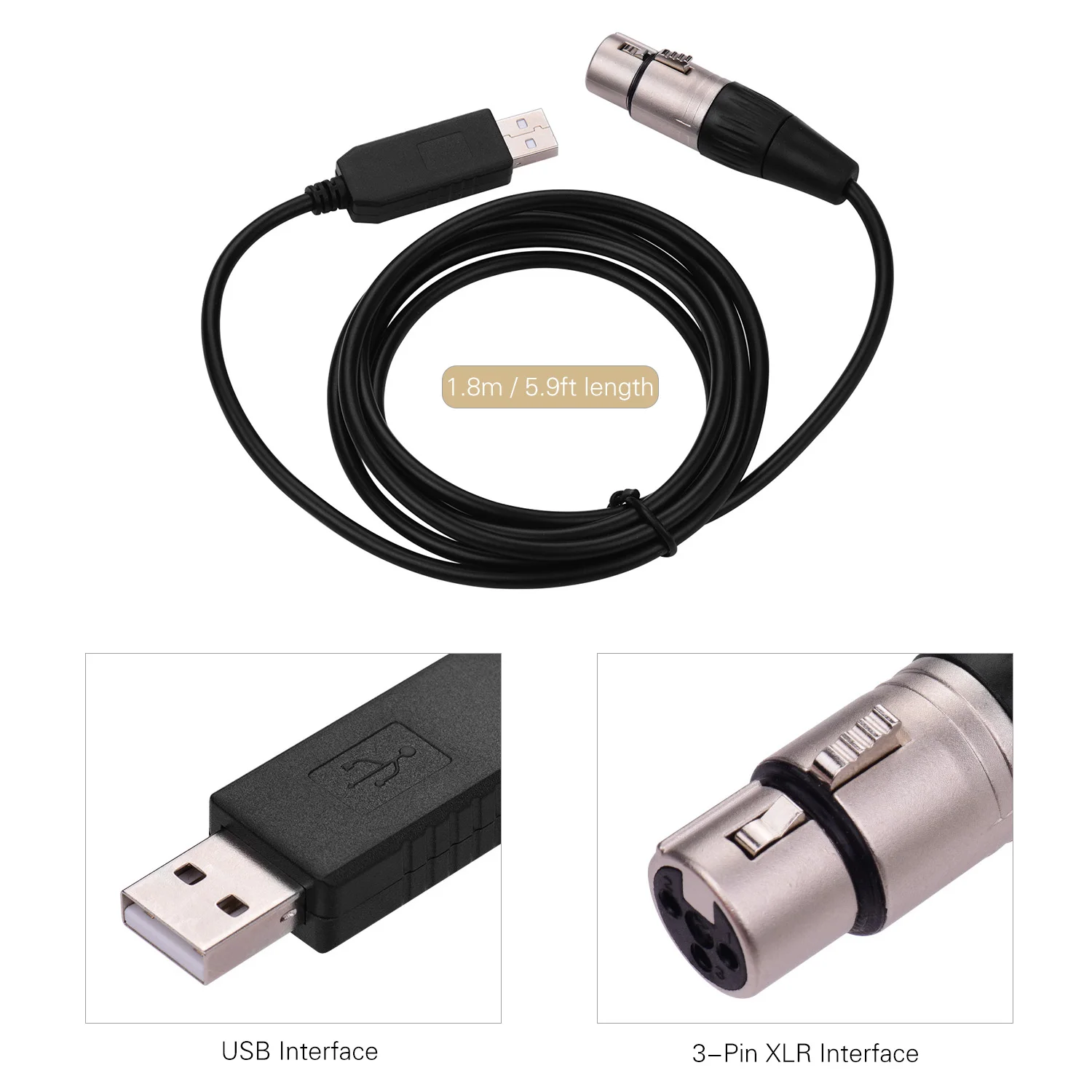 RS485 DMX512 конвертер Кабель USB к 3Pin XLR Женский интерфейс компьютера подключения сценического освещения устройств светодиодный кабель управления - Цвет: 1.8m Black